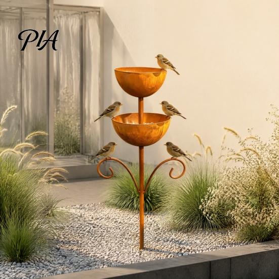 Hollow Carved Retro Bird Feeder Metal Double Layer with Ground Stake, Heavy Duty Feeding Decorative for Yard Station, Weather Resistant Garden