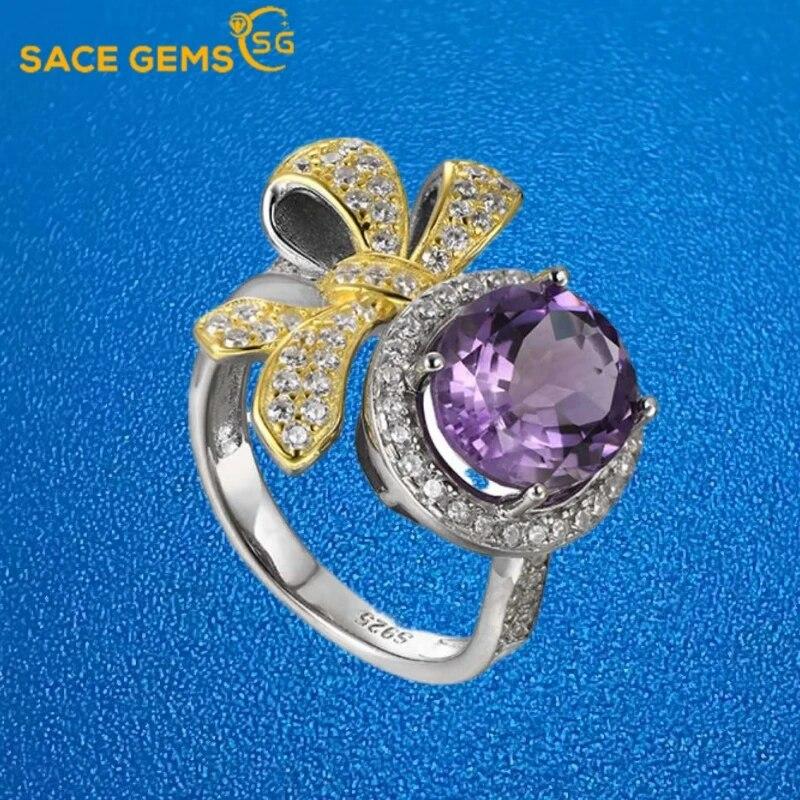 Sace Gems Роскошные кольца из стерлингового серебра 925 пробы с изменяемым размером, кольца с натуральным аметистом для женщин, обручальные, коктейльные, вечерние, изящные ювелирные изделия, подарок