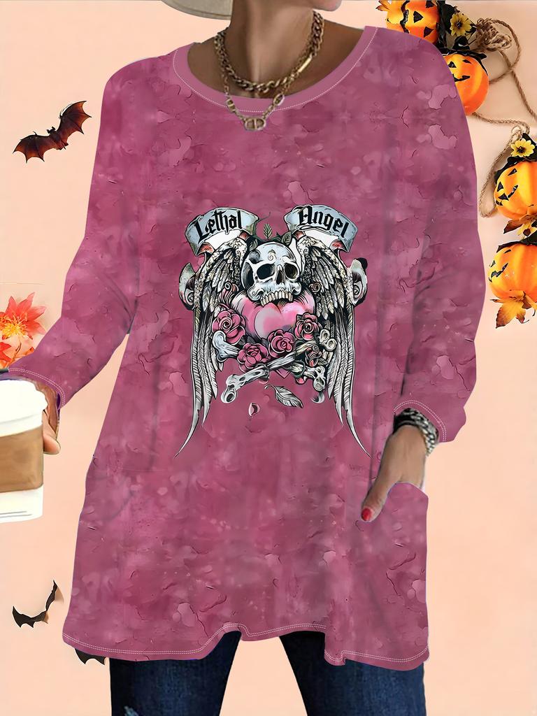 2025 Autumn Winter New Plus Size Women's Tops, Halloween 3D Print Fashion Crew Neck Long Sleeve T-Shirts