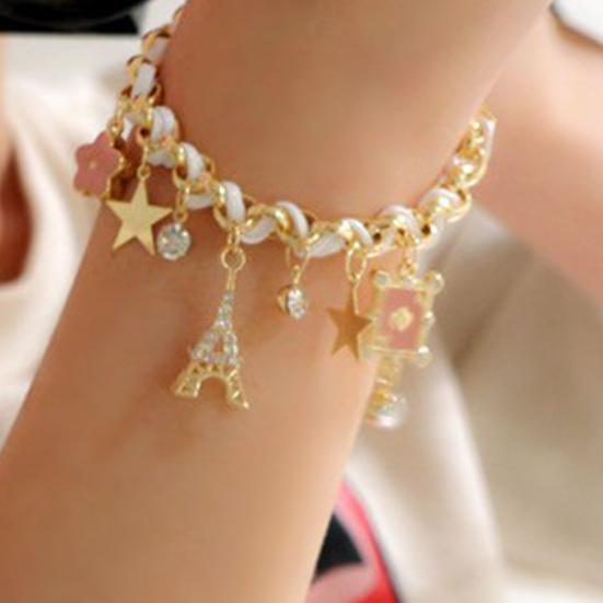Women Fashion Eiffel Tower Stars Flower Poker Pendants Faux Leather Bracelet Jewelry
