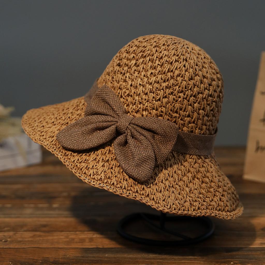 Bow dome sun hat spring and summer travel straw hat female summer small fresh sweet cute big brim bucket hat
