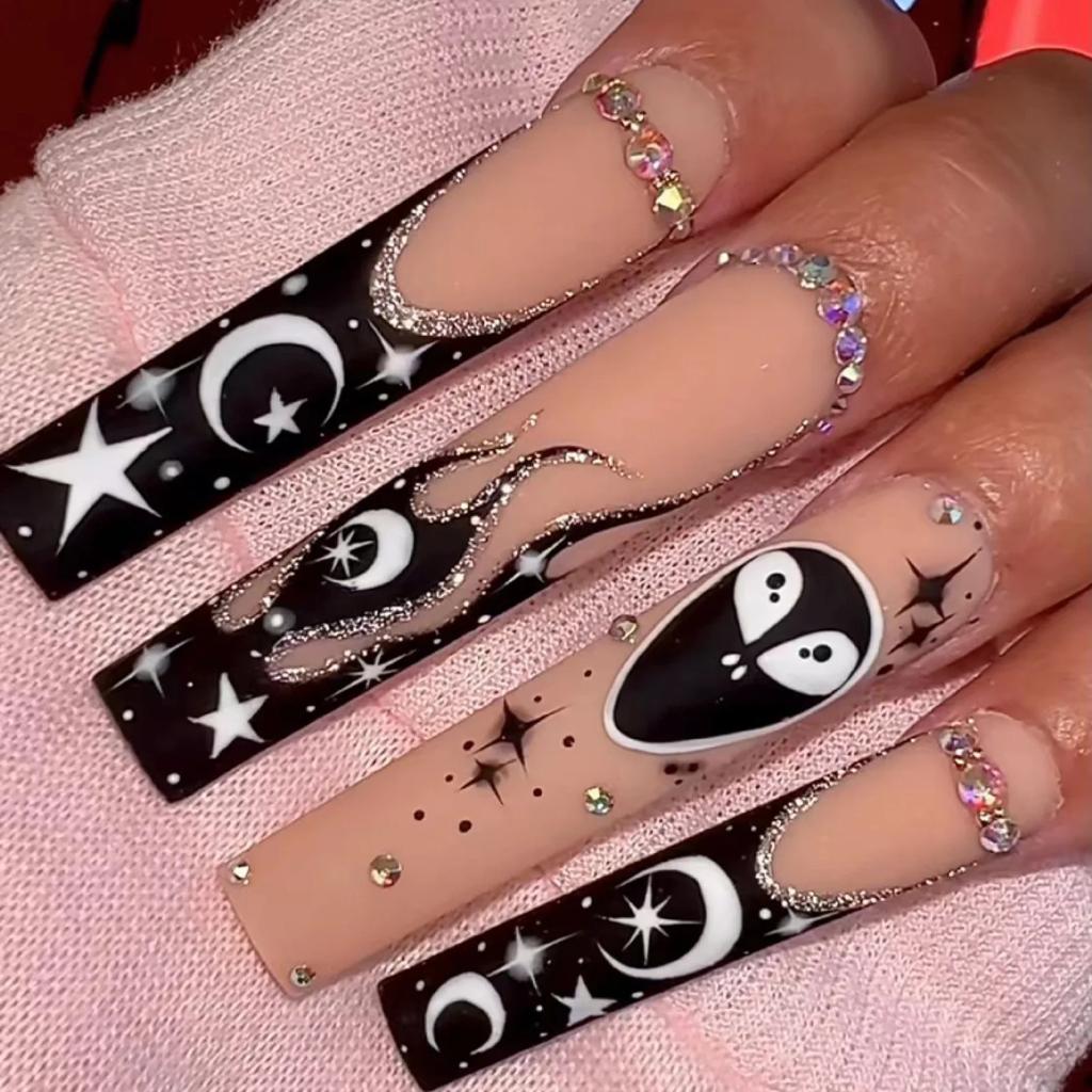 24Pcs French Long Ballet Fake Nails Black Butterfly Purple Handmade Press On Nail Tips Removable Acrylic False Nails