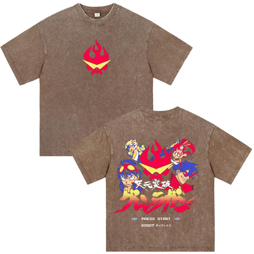 Anime Tengen Toppa Gurren Lagann Vintage Washed T Shirts Men Women Clothing Harajuku Casual Tops Short Sleeve Oversized T-shirts
