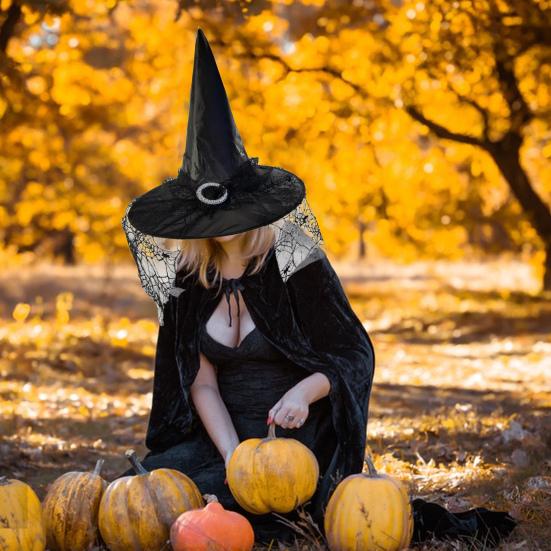 Хэллоуин Шляпа Ведьмы Кружева Паутина Декор Большие Поля Острый Волшебница Волшебница Косплей Дом с Привидениями Карнавальный Костюм Партии Кепка Головной Убор