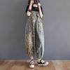 Women Printed Denim Overalls Jumpsuit Bib Trousers Adjustable Straps Loose Jeans Casual Plus Size