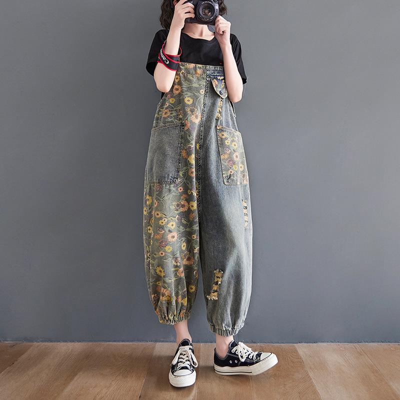 Women Printed Denim Overalls Jumpsuit Bib Trousers Adjustable Straps Loose Jeans Casual Plus Size
