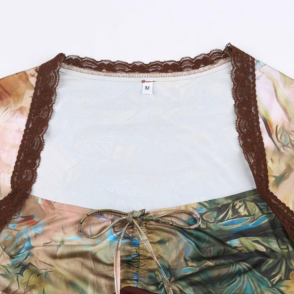 Long Sleeves Transparent Flower T-shirt Pleated Slim Crop Tops Spring Summer