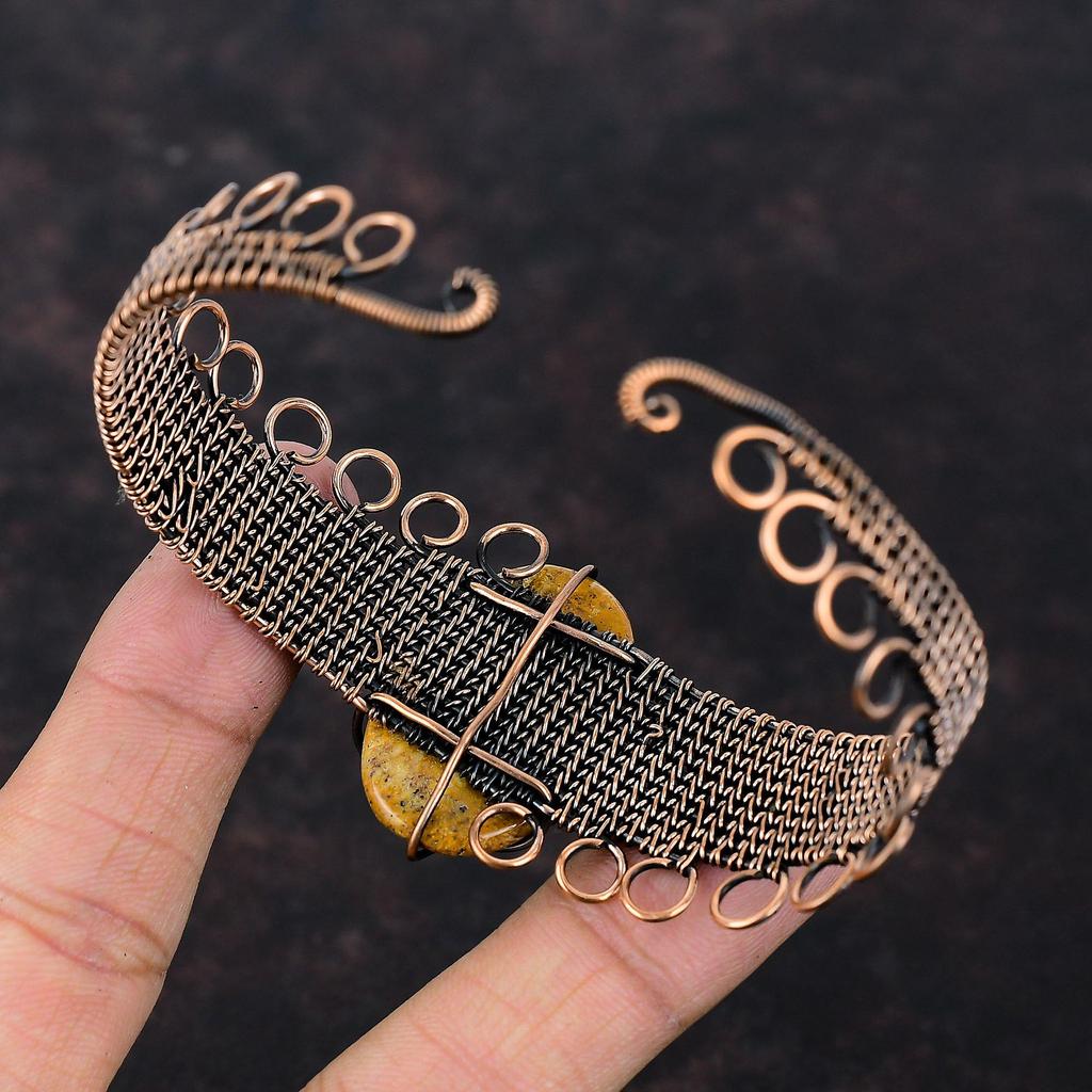 Браслет-манжета из ископаемого коралла, обмотанный медной проволокой, браслет-бенгл с драгоценным камнем, регулируемый браслет, медные украшения, подарок для мамы, украшения из ископаемого коралла ручной работы