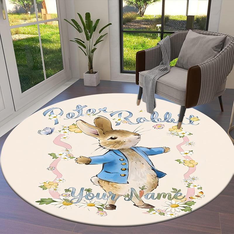 Peter Rabbit Adventure Custom Name Round Area Rug Carpet Rug For Living Room Bedroom Sofa Playroom Decor Nonslip Floor Mat