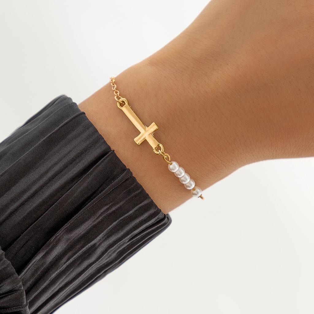 Универсальные геометрические цепочные украшения, простой однослойный браслет-микс из искусственного жемчуга с крестом для женщин