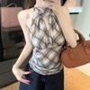 Pleated Halter Sleeveless Camisole Plaid Stripe Suspender Vest Sweet Slim Crop Tops  Women Girl