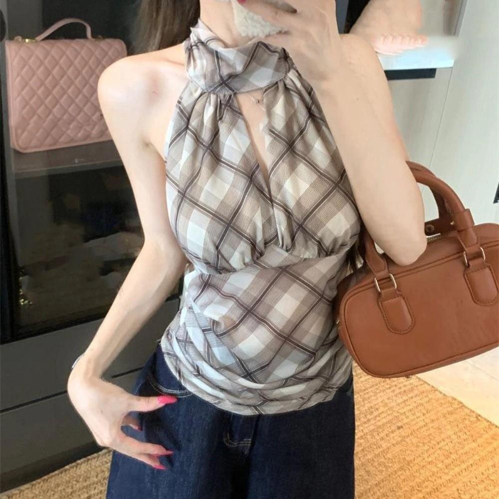 Pleated Halter Sleeveless Camisole Plaid Stripe Suspender Vest Sweet Slim Crop Tops  Women Girl