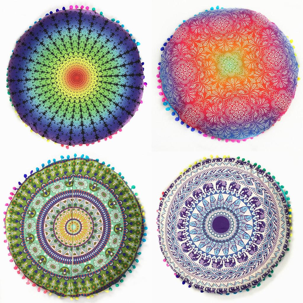 Элегантный индийский богемный чехол для напольной подушки с яркими помпонами по краям