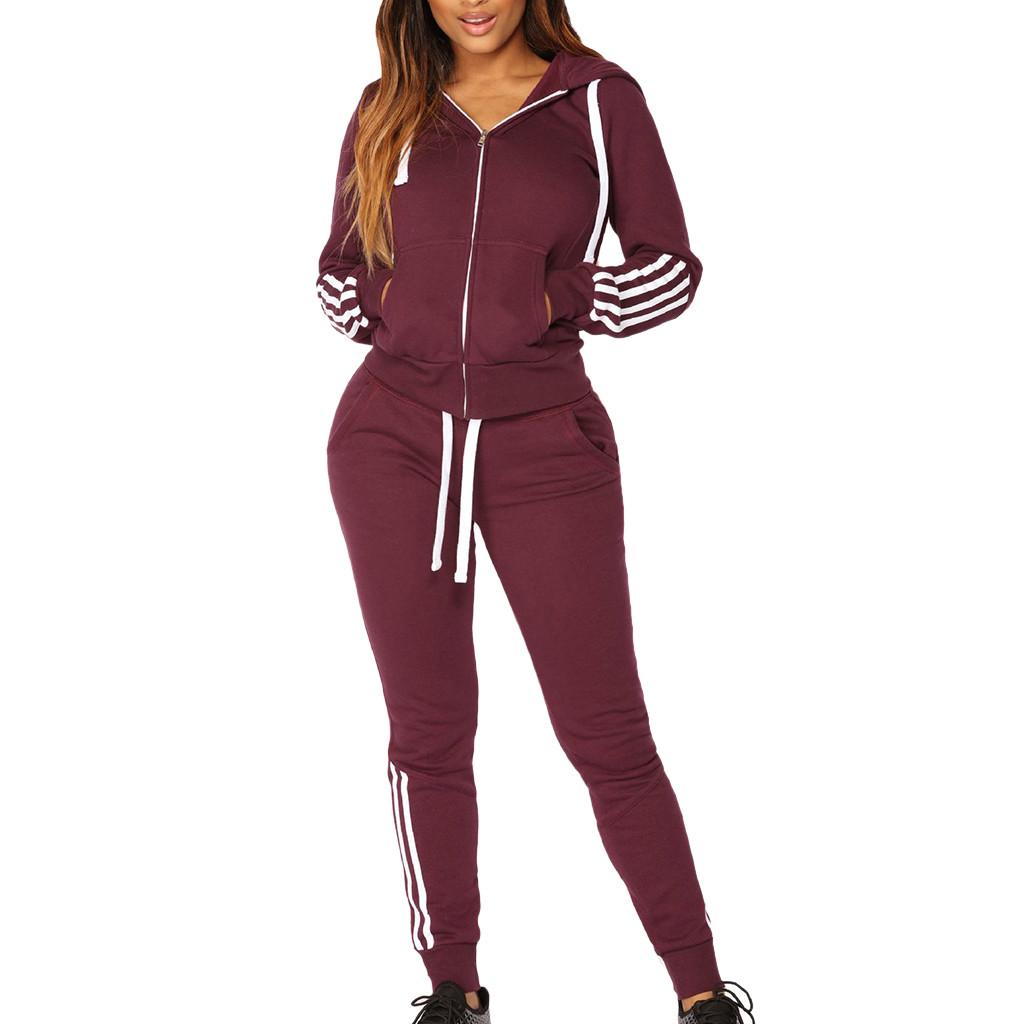 Fashion Women Casual Stripe Zipper Long Sleeve Pullove Sport Tops+Long Pants Set