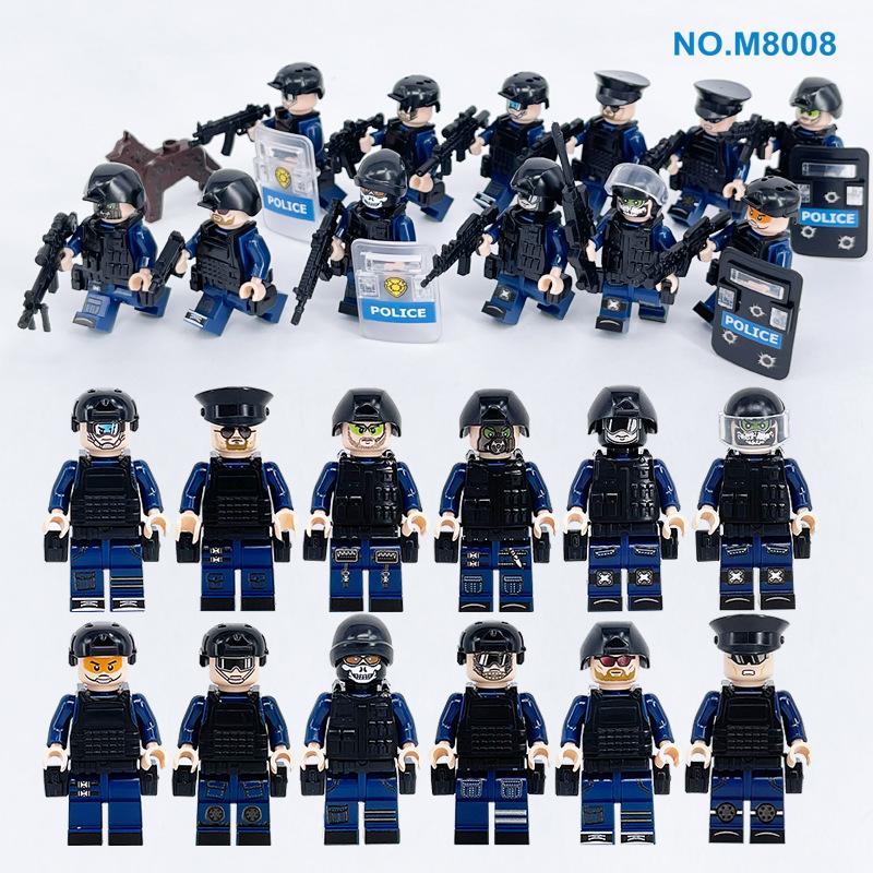 M8008 Police Black Special Police Small Particle Building Block Man Model To Send Weapon Protection Shield Police Dog Toy