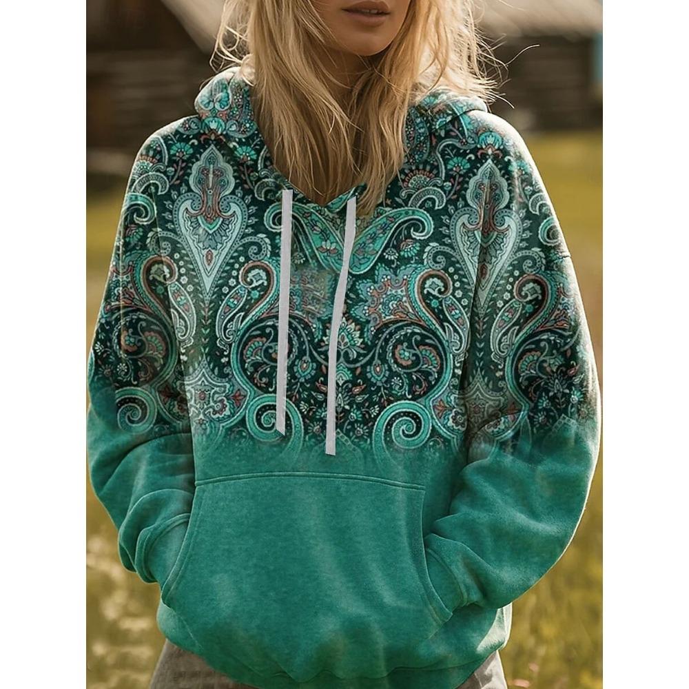 Women Fleece Hoodie Boho Paisley Gradient Print Long Sleeve Drawstring Hooded Sweatshirt Casual Pullover