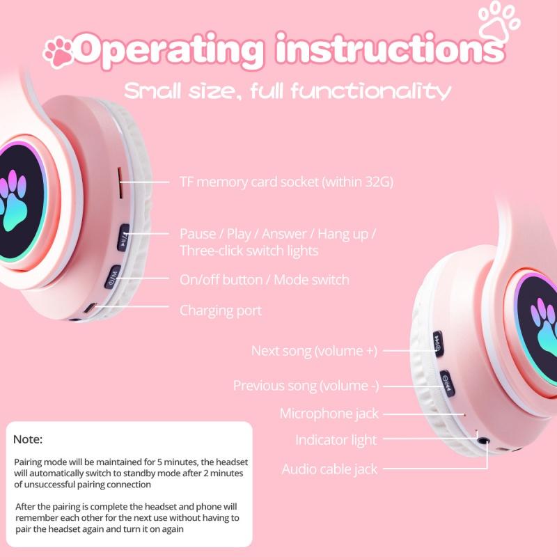 Cute Cat Ear Gaming Headset Wireless Earphone Foldable LED Luminous Noise Bluetooth 5.0 Stereo Bass Headphones With Mic TF FM Kid Girl