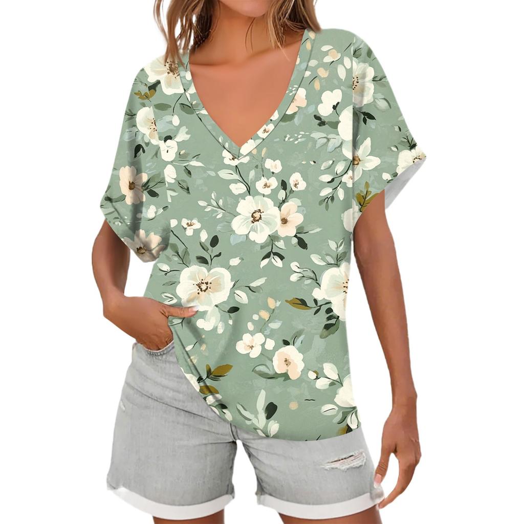 Womens Short Sleeve V-Neck Shirts Floral Print Loose Casual Basic Tees Summer Tops