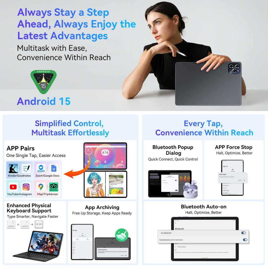 TABWEE 2025 W90 11-дюймовый планшет Android 15, 24 ГБ ОЗУ 256 ГБ памяти(2 ТБ ТФ),Большой дисплей Widevide L1, восьмиядерный T615, 8000 мАч, 5G WiFi, 4G LET, 18 Вт