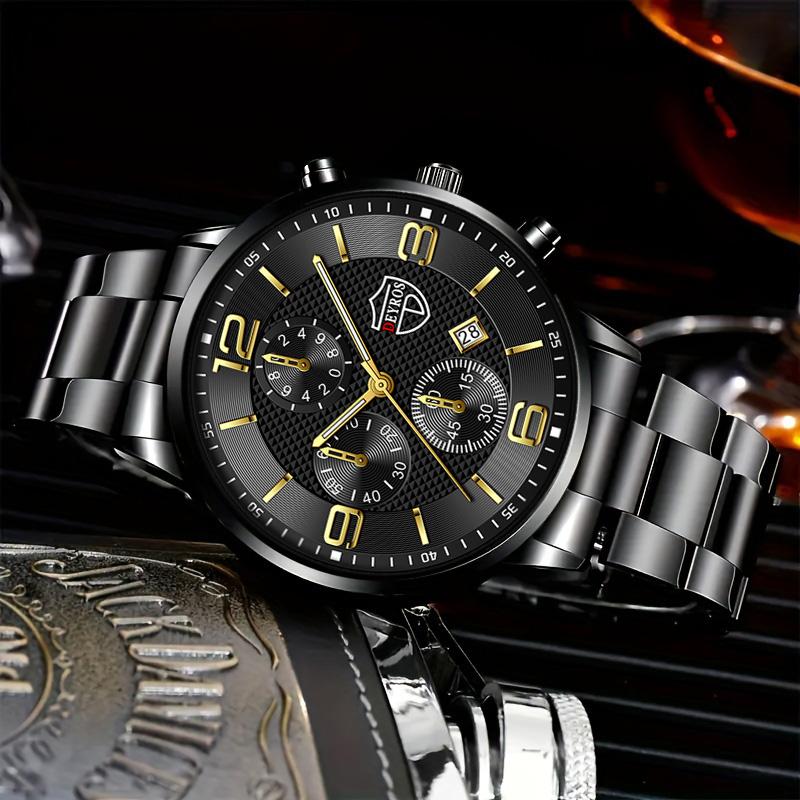 3pcs/set, Men's Calendar Fashion Business Stainless Steel Quartz Watch & Bracelet & Necklace Mens Gifts