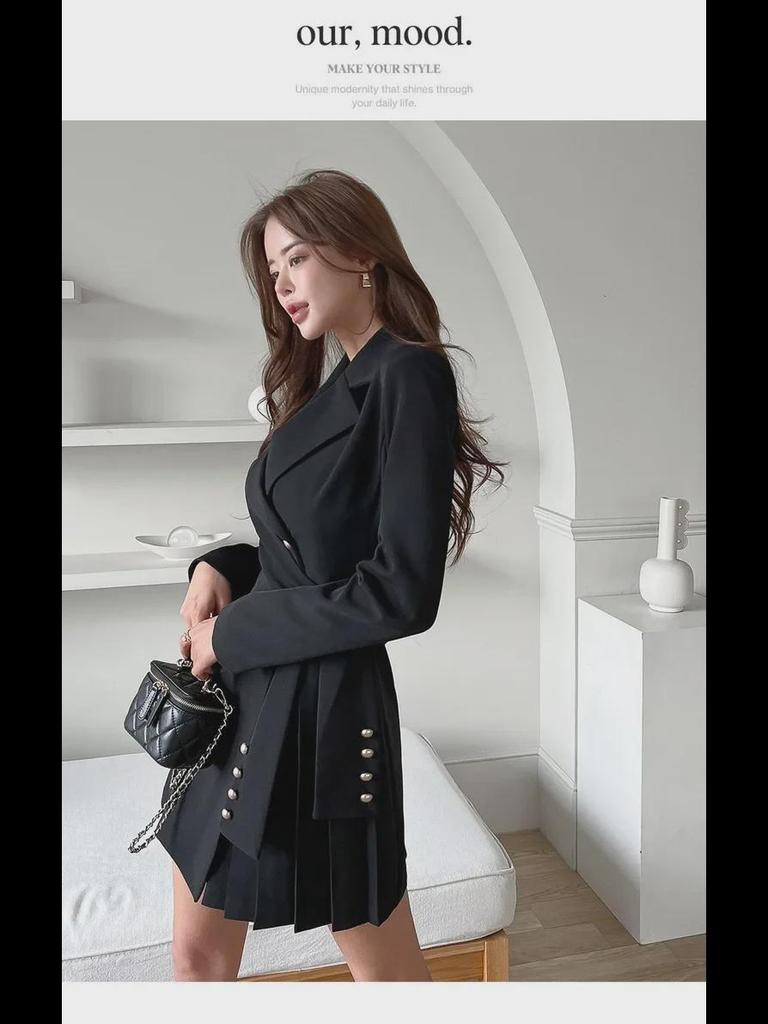 Elegant Pleated Suit Skirt with Professional Collar - Women's Autumn Fashion