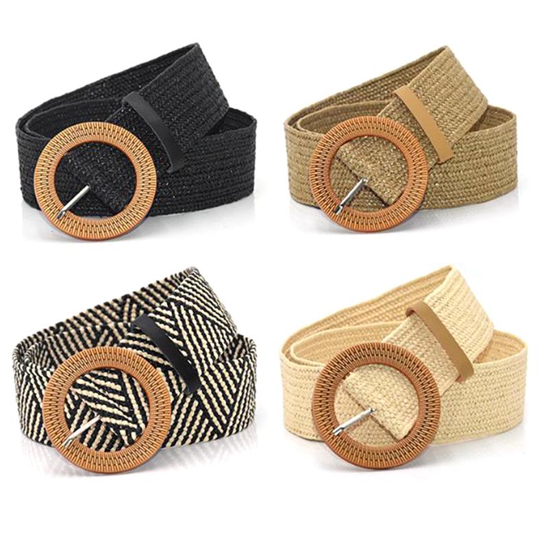 Summer Women'S Elastic Band Round Buckle Retro Bohemian Braided Dress Belt