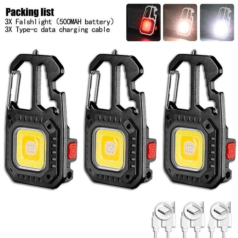 Mini Portable LED Keychain Flashlight Built-in 500mAh Battery Type-C Charging Outdoor Activity Camping Emergency Safety Hammer Work Lamp