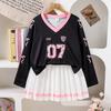 Girls' Fashion Set, Autumn Children's Casual Sports Two-piece Set with Color-blocking Long-sleeved T-shirt and Pleated Skirt