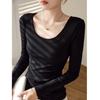 Отличная хлопковая нить U-образный воротник длинный рукав футболка женская новая осень и зима утягивающий топ базовая рубашка Корея