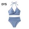 Комплект из 2 предметов: летний комплект бикини, бюстгальтер с лямками на шее и плиссировкой, плавки с высокой талией, однотонный купальник