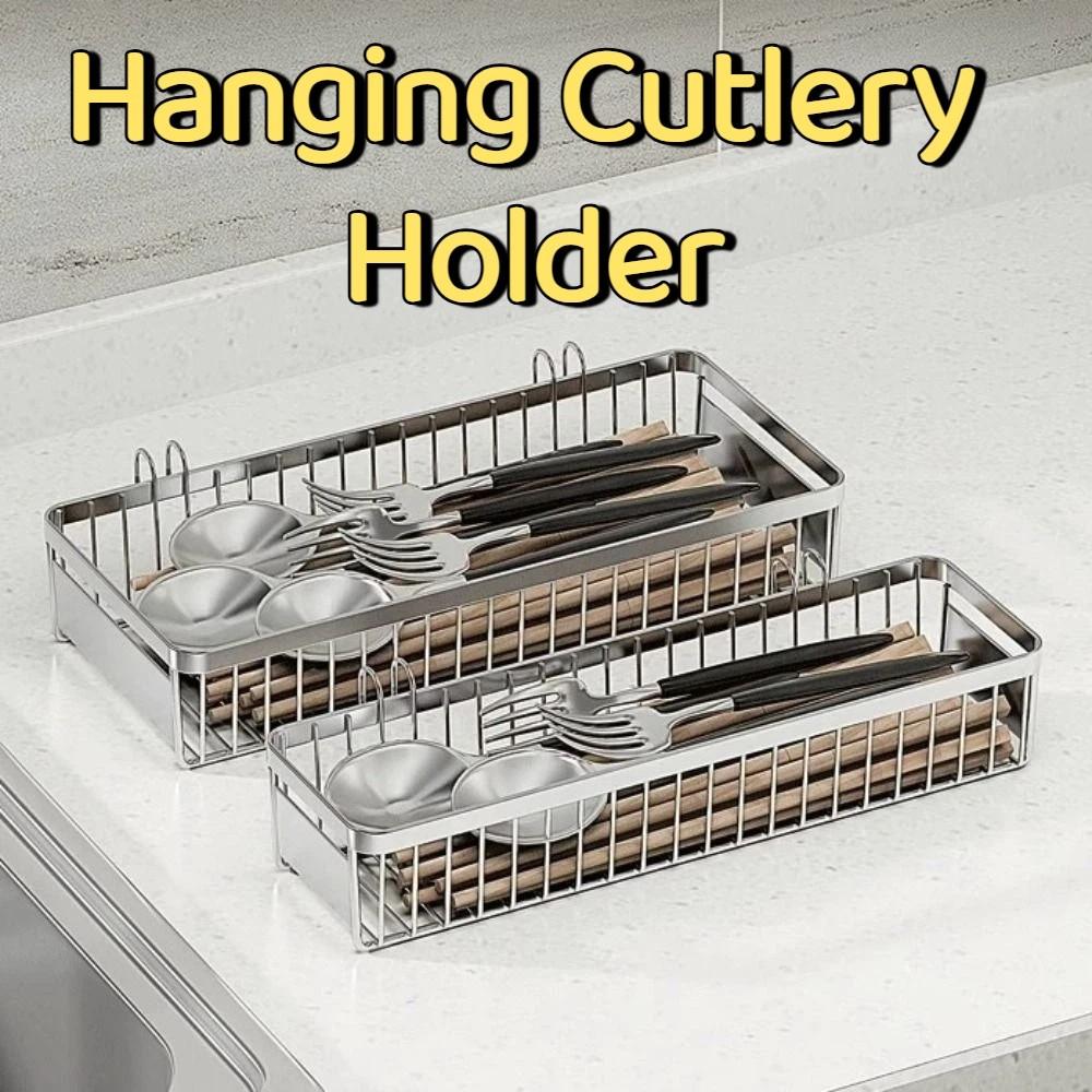 Stainless Steel Hanging Cutlery Holder Silver with Hook Cutlery Drainer Rack Space Saving Rust Proof