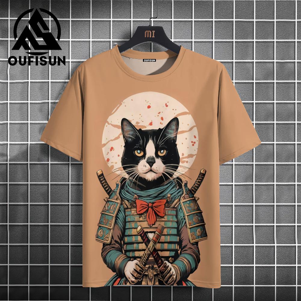 Men's Animal T-Shirt Japanese Samurai Cat Element Graphic 3D Print T-Shirt