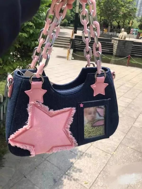 Корейская мода, сумка через плечо, подмышки, Harajuku Star, джинсовая сумка, женская сумка на цепочке, кошельки на молнии, женские сумки 2023, роскошная квадратная сумка