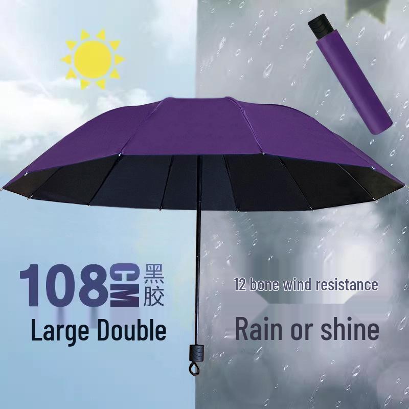 Twelve-Bone Oversized Women's Umbrella: Black UV Protection for Sun & Rain
