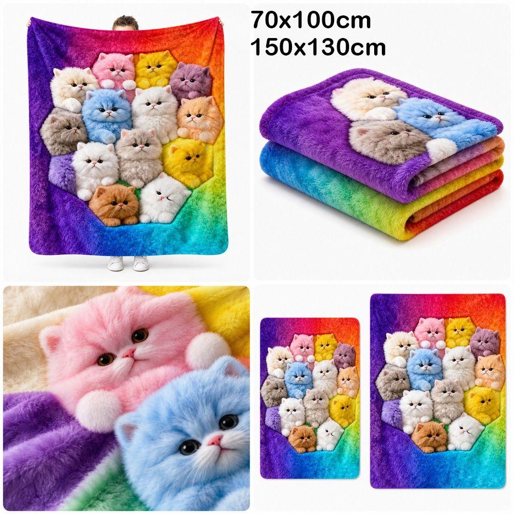 150x130cm Plush Blanket Rainbow Gradient Nap Blanket Cat Print Blanket for Kids Room Home Travel