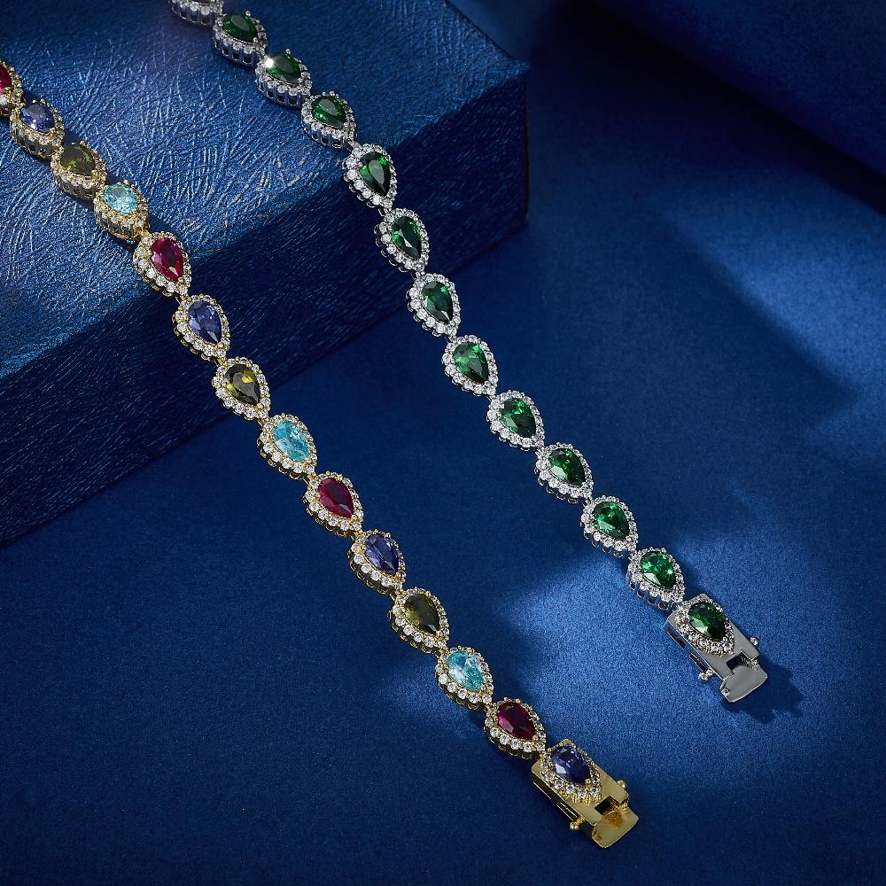 Rainbow Pear Tennis Bracelet 14K Gold Plated Copper Colorful Cubic Zirconia Bracelets