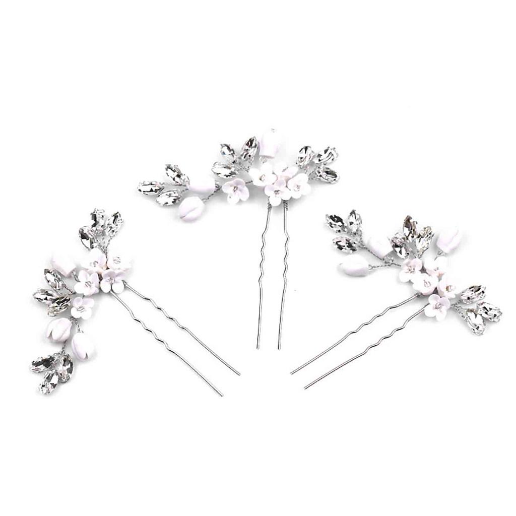 U Shape Hairpin for Women White Flower Decor Handmade Alloy Hairpin for Women Long & Thick Hair