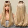 Long Straight Ombre Brown Blonde Golden Synthetic Wigs with Bangs for Women Cosplay Party Heat Resistant Hair Wigs
