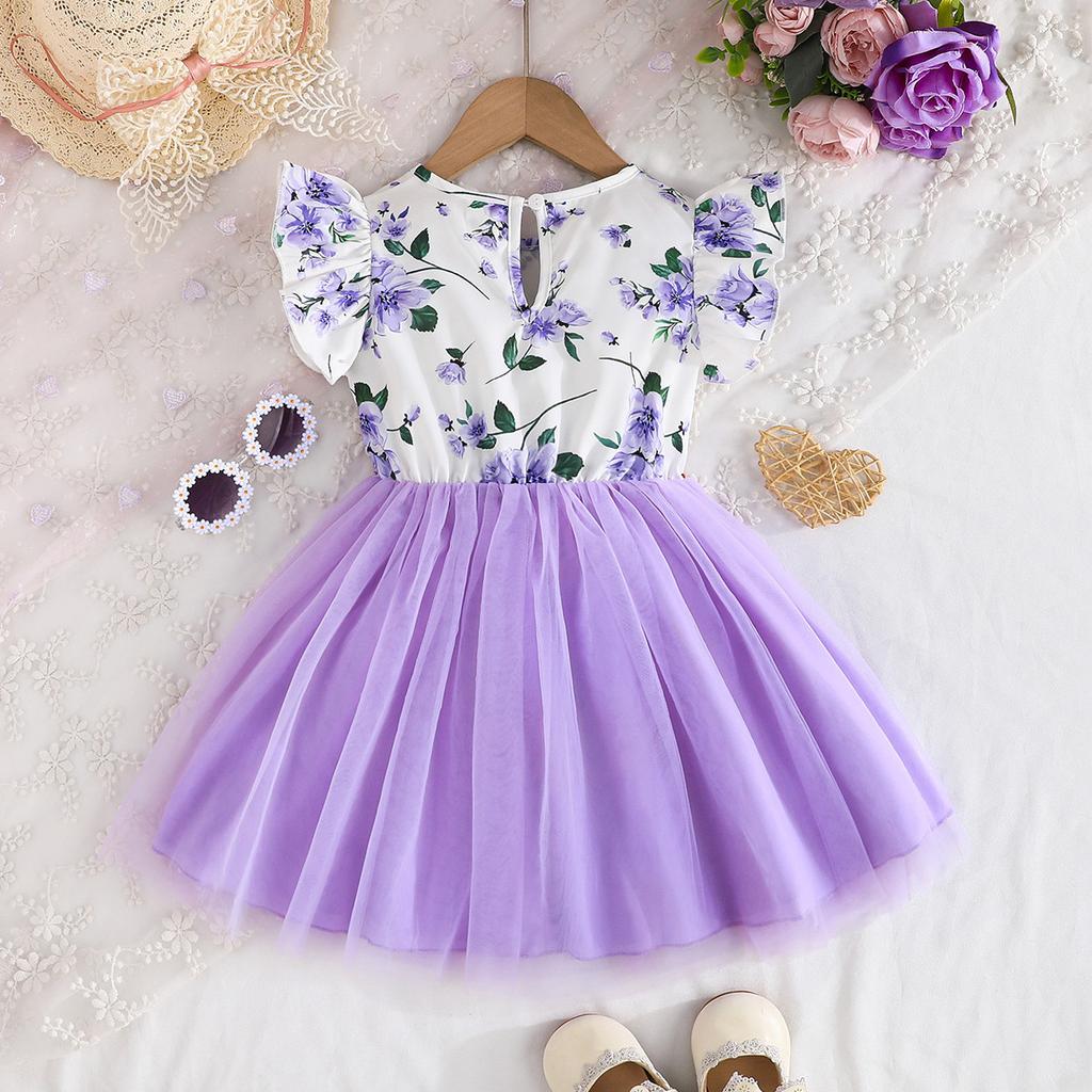 Summer Baby Girl Dresses Child Fresh Cute Dresses Children 4-8Y Flower Printed Fly Sleeve Tops Mesh Dresses