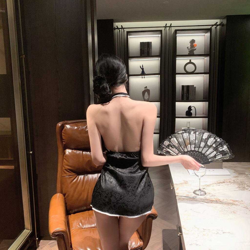 Erotic lingerie sexy cutout vintage print cheongsam hot double slit passionate seduction uniform women's nightdress