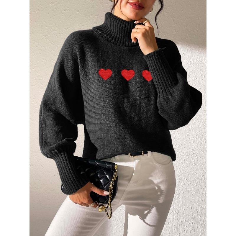 Women's Autumn and Winter Pure Color Simple Love Painted Turtleneck Sweater