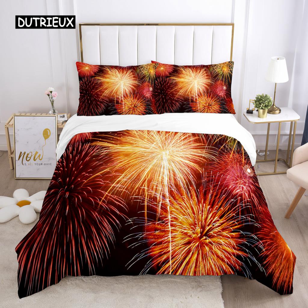 Пододеяльник Firework Queen Size, комплект постельного белья с разноцветными огнями, микрофибра, тема «Празднование Рождества», мягкий чехол для одеяла