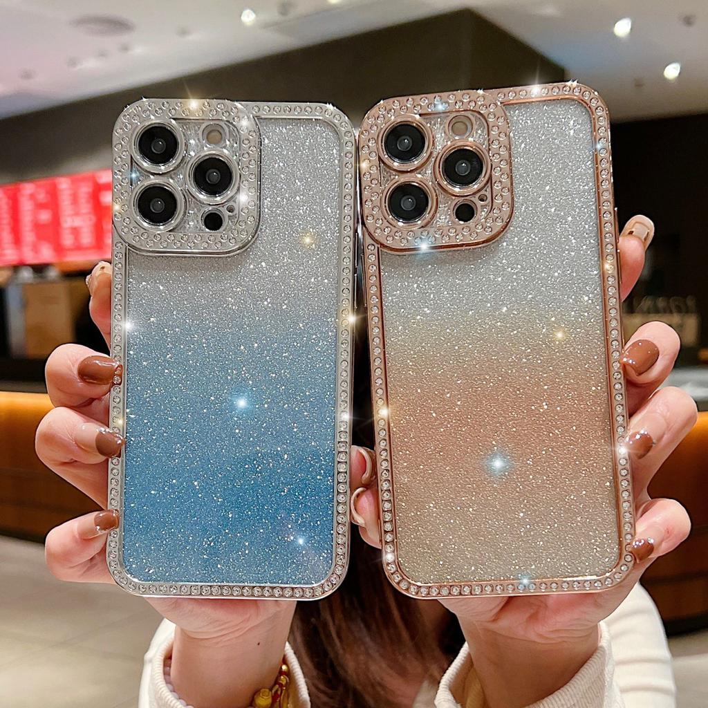 For iPhone 16 Pro Max Case Glitter Phone Case Rhinestone Decor Electroplating Protective Cover