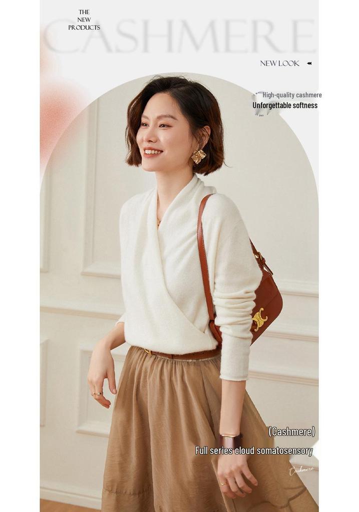 Elegant Slim-Fit Cross V-Neck Cashmere Knit Sweater - Women's Autumn Solid Color Pullover