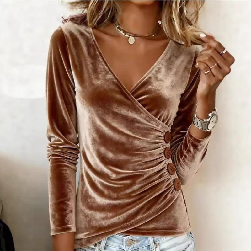 Women S Slim Fit V Neck Button Long Sleeve Solid Color Top