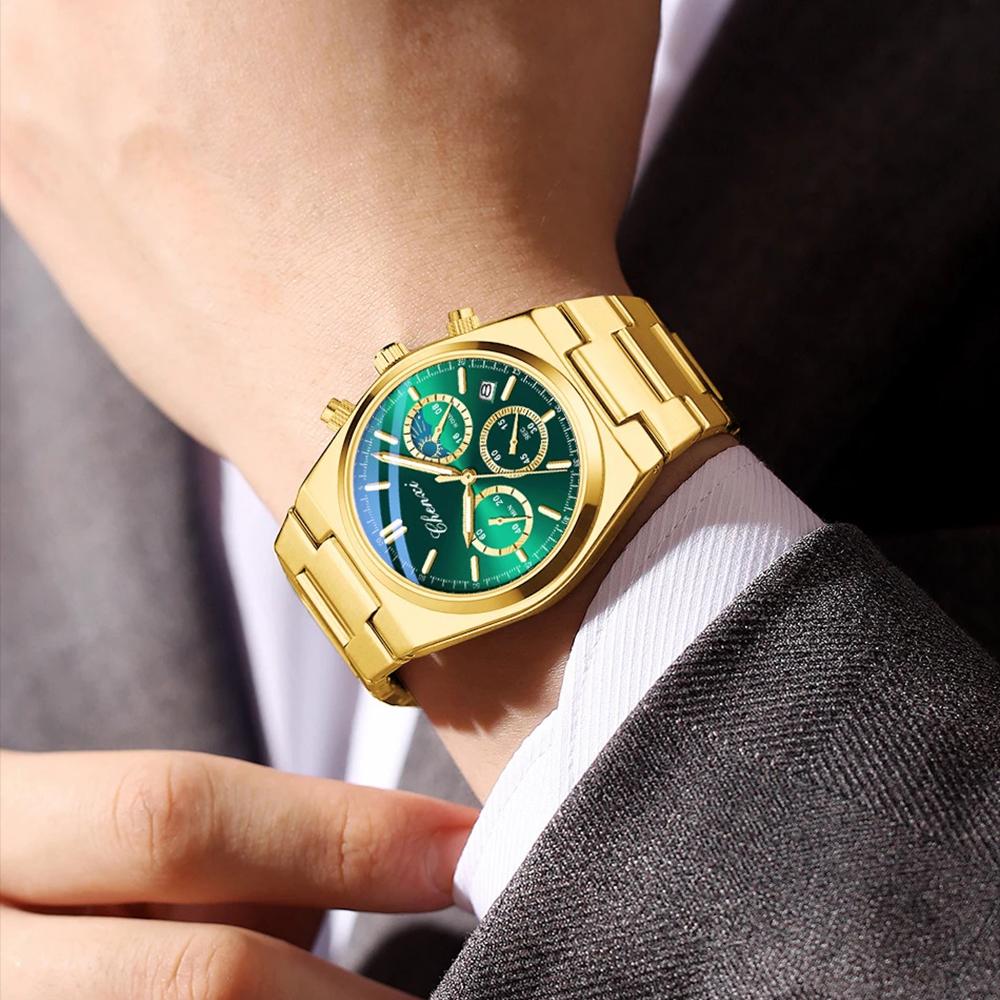 Модные часы-хронограф для мужчин, роскошные водонепроницаемые светящиеся часы с датой, золотые кварцевые мужские наручные часы Reloj Hombre