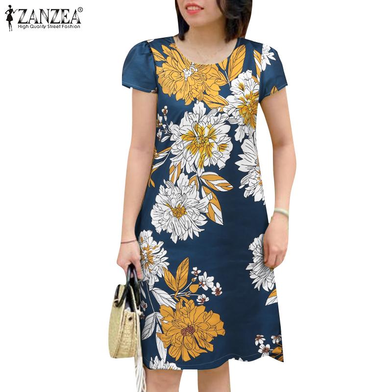 ZANZEA Women Casual Round Neck Short Sleeve Summer Print Dress