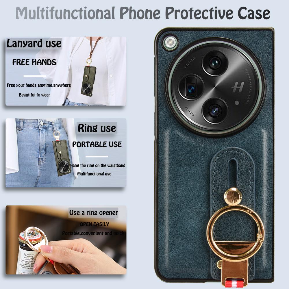 For OnePlus Open Back Cover PU Leather+PC Bottle Opener Ring Phone Cover