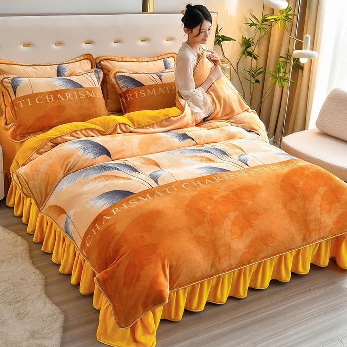 Light luxury high-end thickened milk fleece four-piece set, winter warm quilt cover, double-sided coral fleece anti-static three-piece set