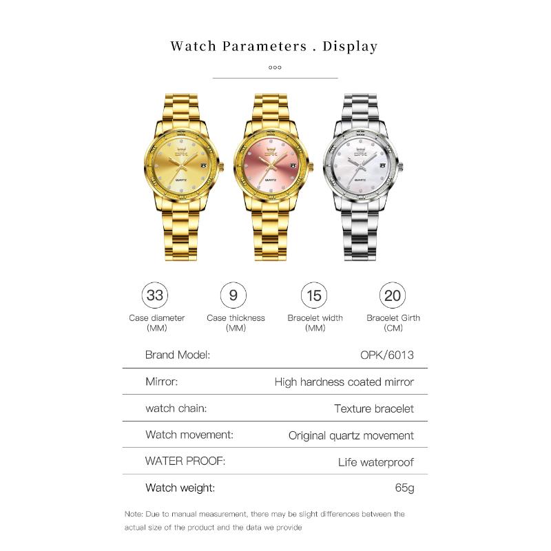 OPK Fashion Luxury Quartz Watch For Women Zircon Scales Ladies Waterproof Luminous Calendar Women's Watches